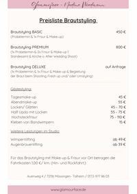 Preisliste, Nadine Wiedmann, Glamourface, Brautstyling, Brautfrisur, Brautmakeup, Make-up, Hochsteckfrisur Mössingen