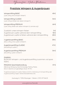 Preisliste, Nadine Wiedmann, Glamourface, Wimpernlifting, Augenbrauenlifting, Lash lifting, Brow Lifting, Mössingen